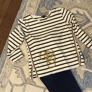 Unique JCrew long sleeved shirt with olive green stripe and sequin/ribbon accent